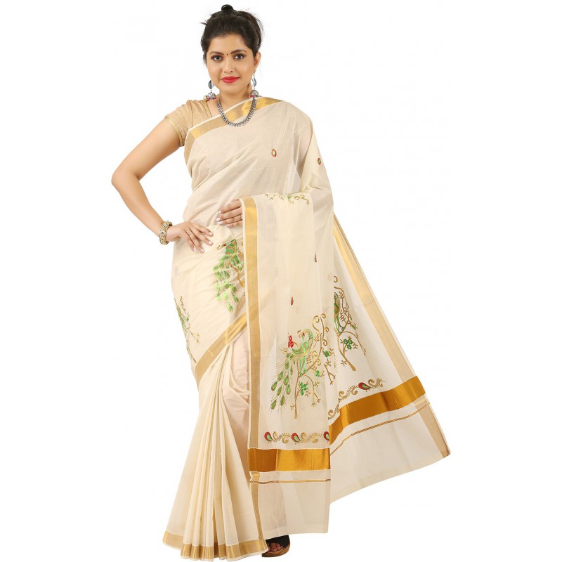 kasavu Embroidery cotton sarees (Beige,Gold)