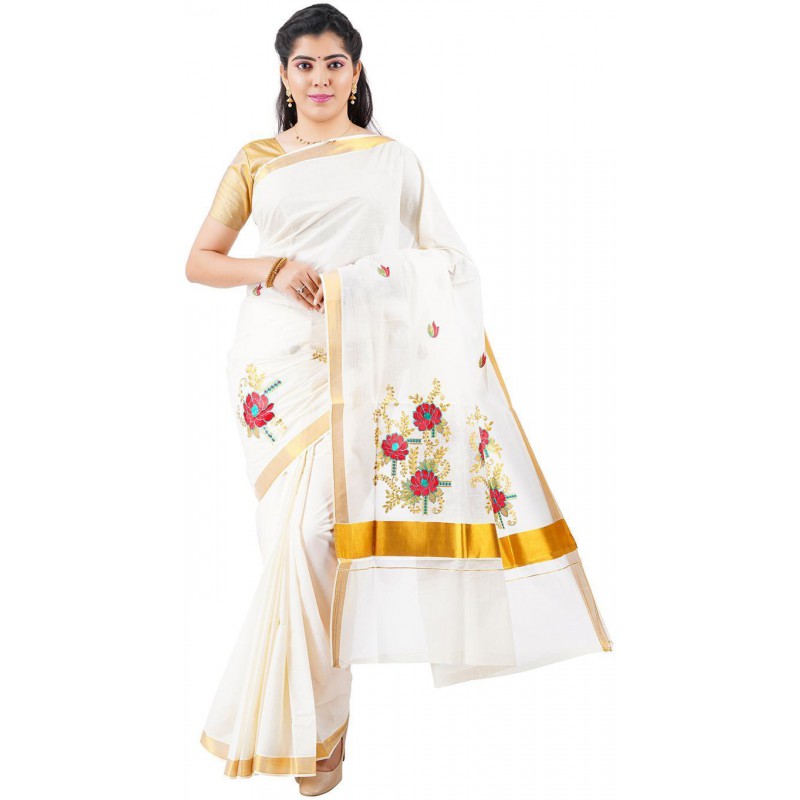 kasavu Embroidery cotton sarees (Beige,Gold)