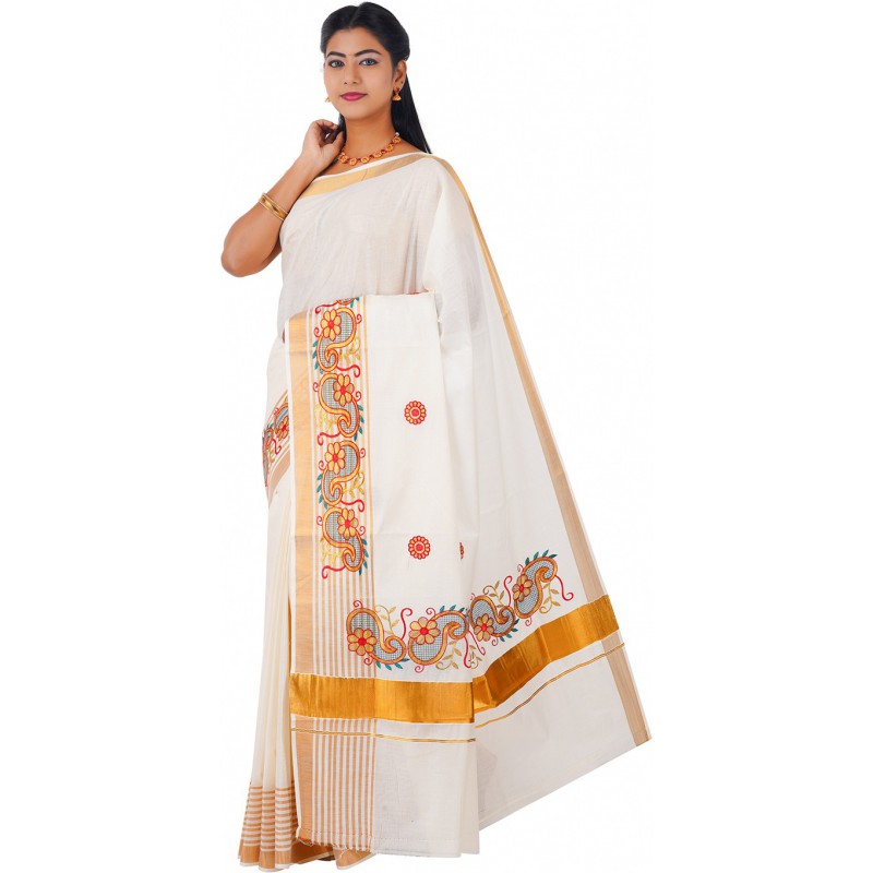 kasavu Embroidery cotton sarees (Beige)