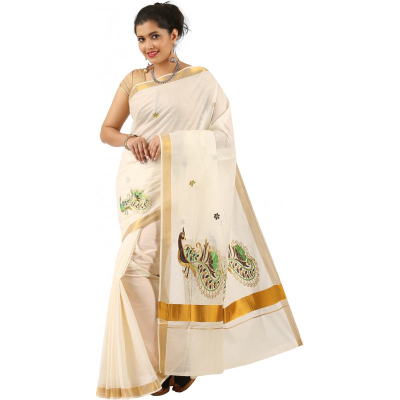 kasavu Embroidery cotton sarees(Beige,Multi color)