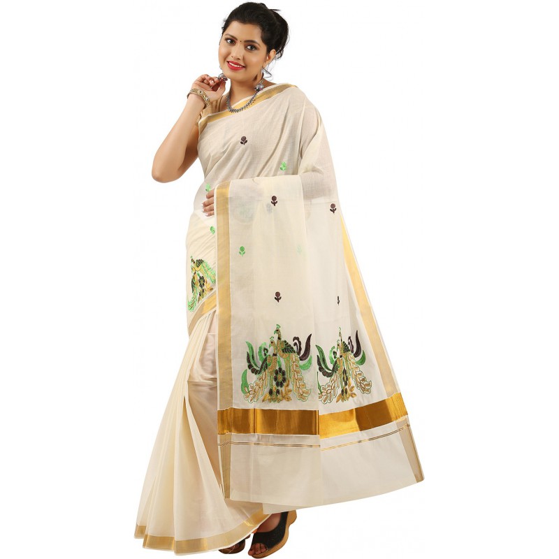 kasavu Embroidery cotton sarees(Beige,White)