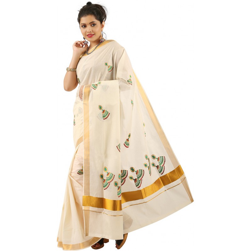 kasavu Embroidery cotton sarees(Beige, Green)