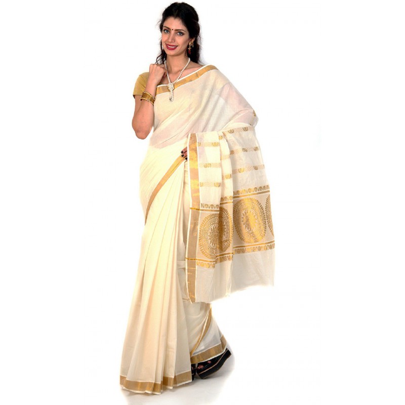 kasavu Embroidery cotton sarees(Beige,Gold)