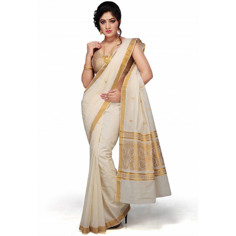 kasavu Embroidery cotton sarees (Beige,Gold)