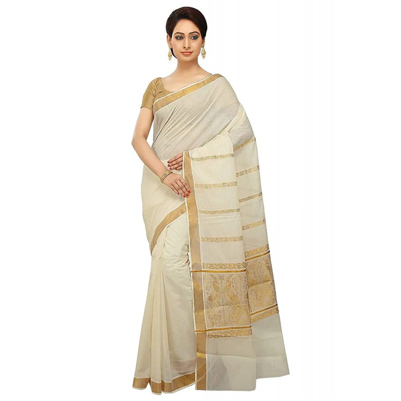 kasavu Embroidery cotton sarees (Beige,Gold)