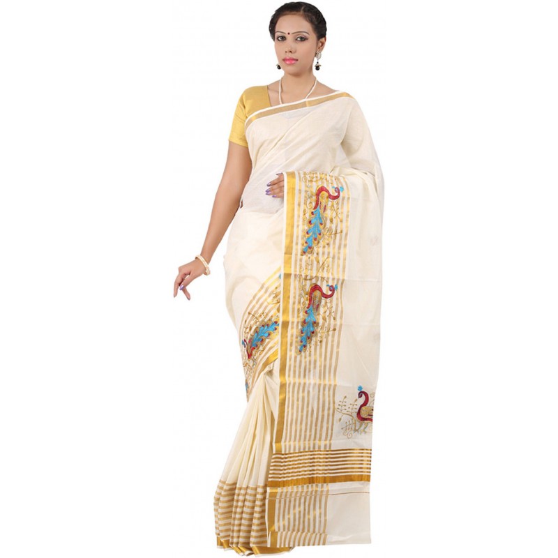 kasavu Embroidery cotton sarees(Beige,Gold)