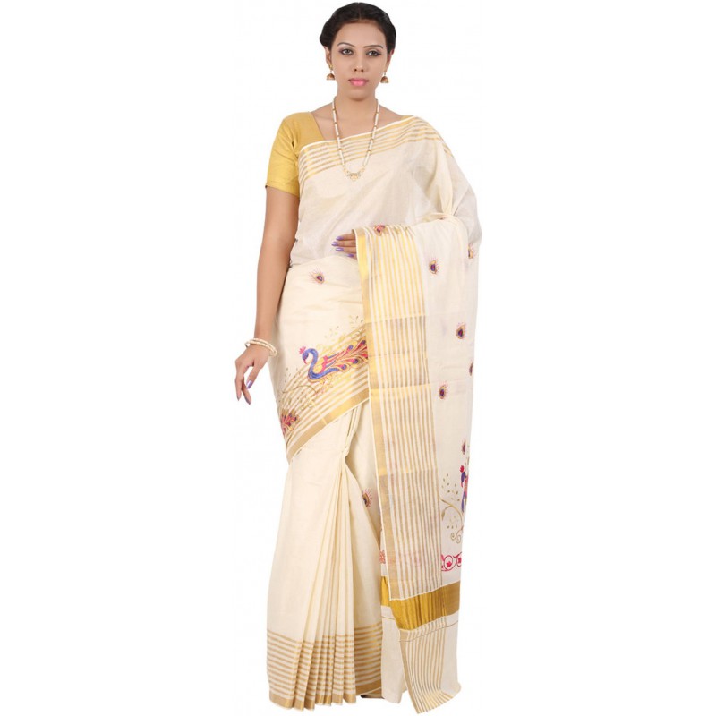 kasavu Embroidery cotton sarees(Beige,Blue)