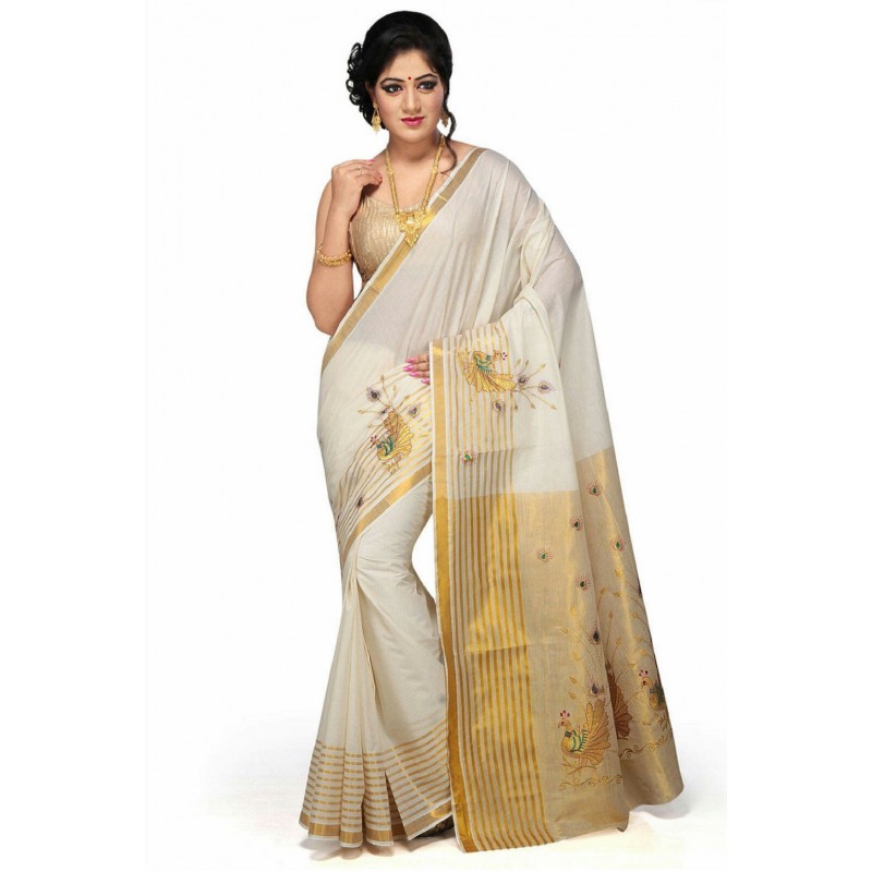 kasavu Embroidery cotton sarees (Beige,White)