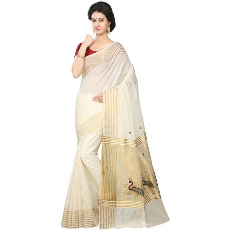 kasavu Embroidery cotton sarees (Beige,White)