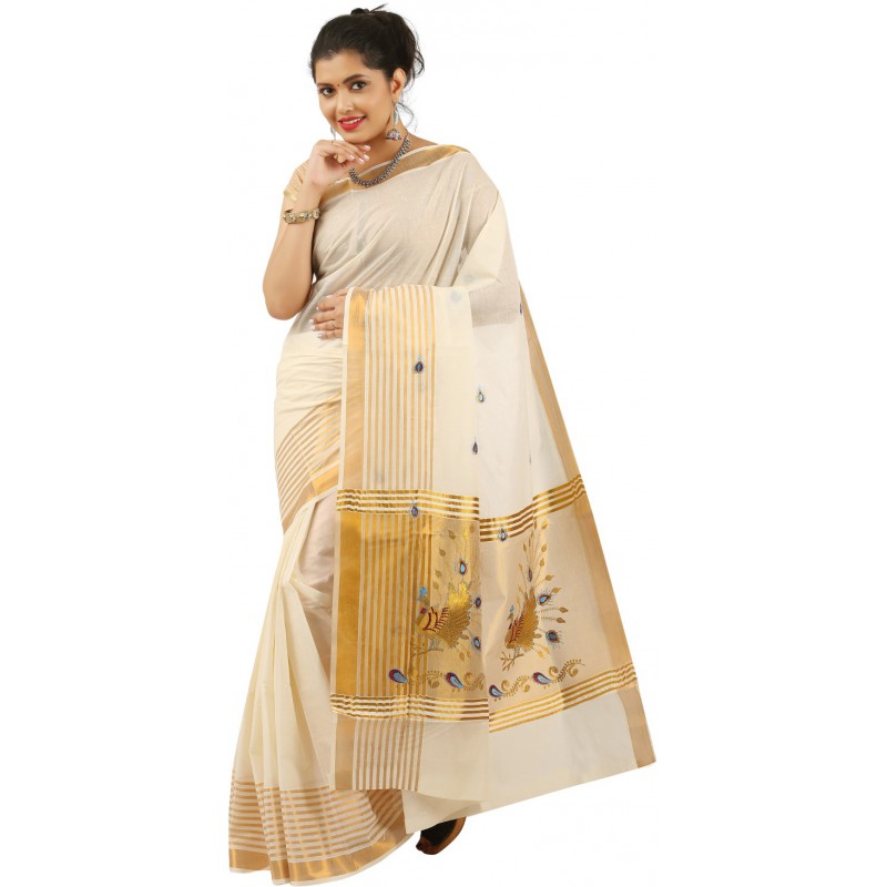 kasavu Embroidery cotton sarees (Beige,Gold)