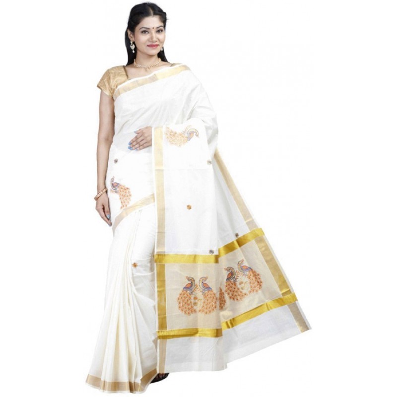 kasavu Embroidery cotton sarees (Beige,White)