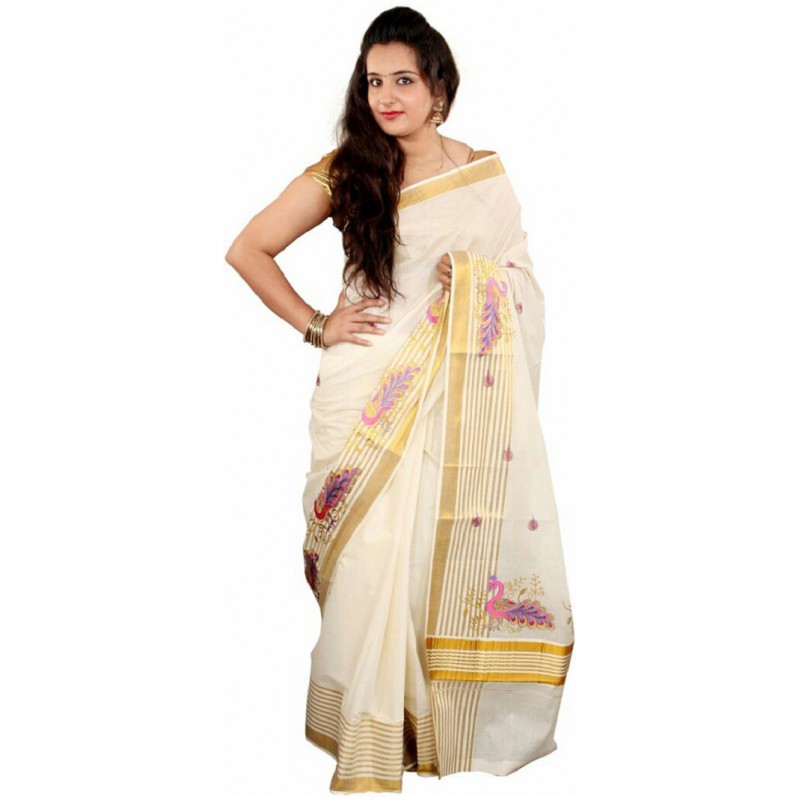 kasavu Embroidery cotton sarees (Beige,White)