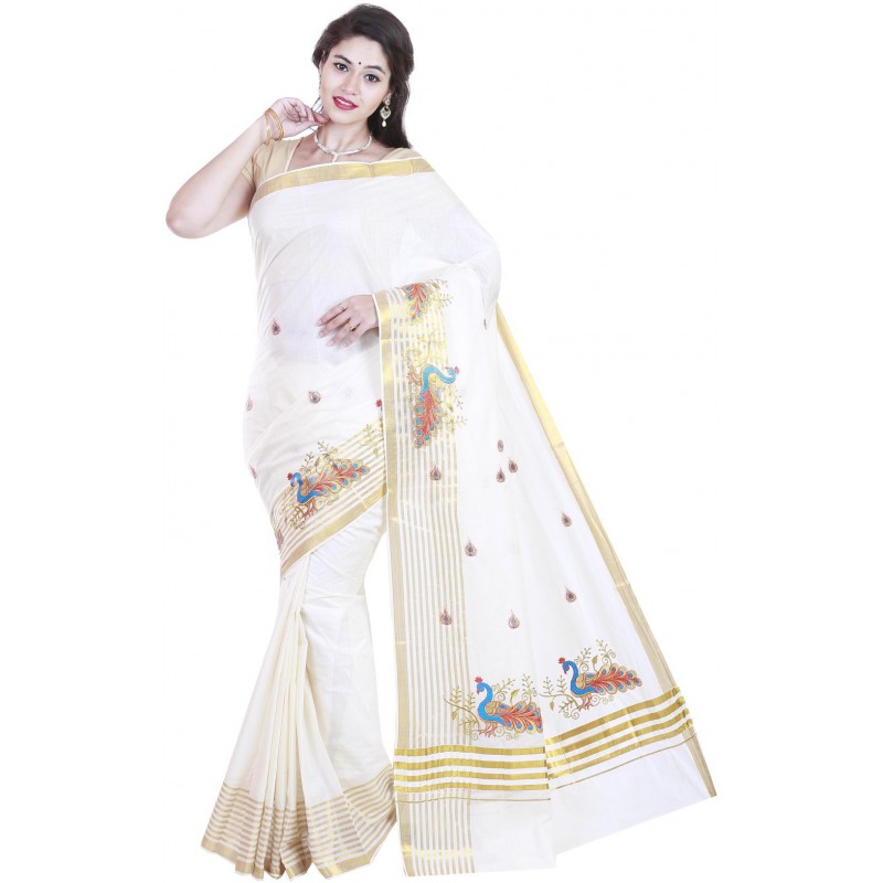 kasavu Embroidery cotton sarees (Beige,White)