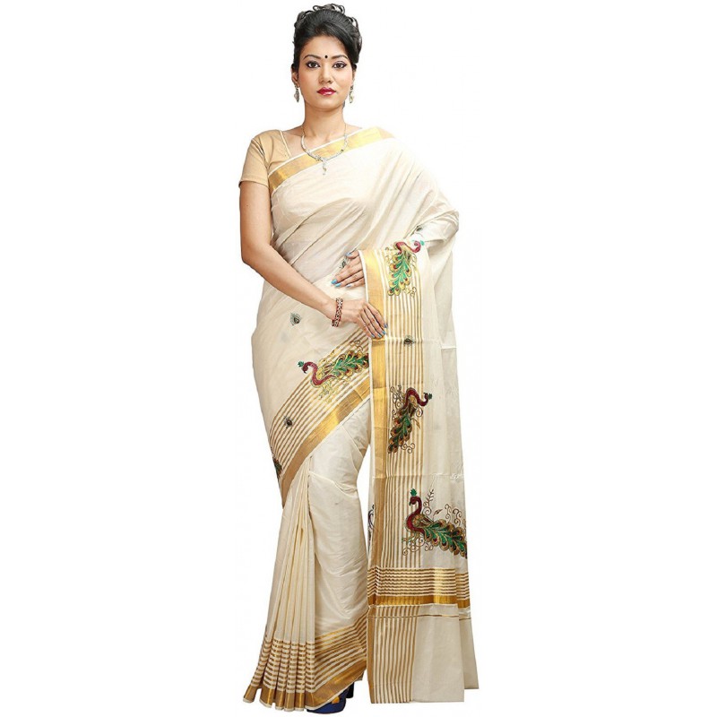 kasavu Embroidery cotton sarees (Beige,White)