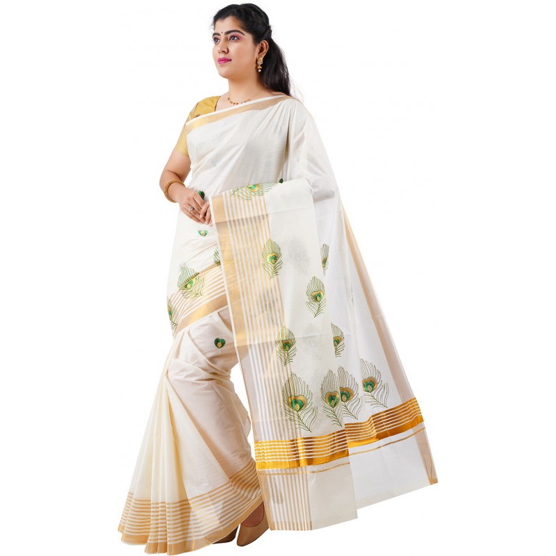 kasavu Embroidery cotton sarees (Beige,Gold)