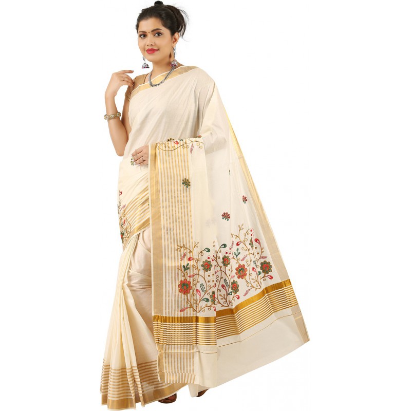  kasavu Embroidery cotton sarees (Beige,Multicolor)