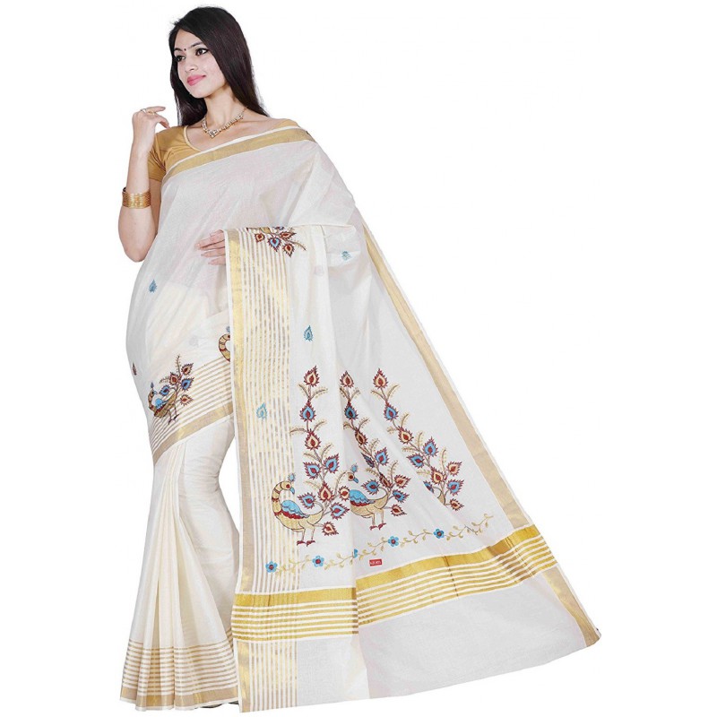 kasavu Embroidery cotton sarees (Beige,Gold,Blue)