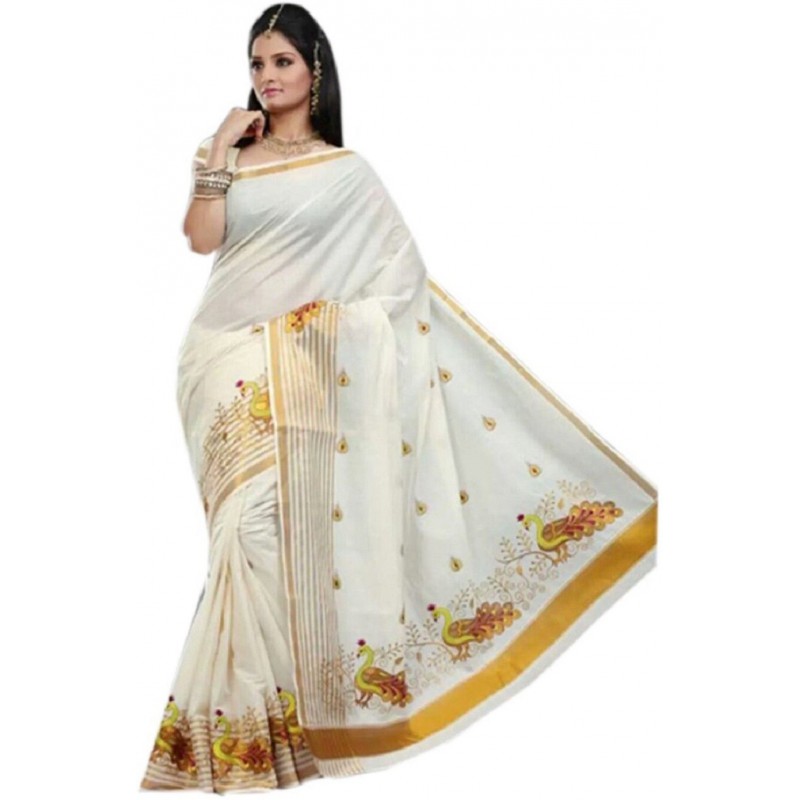 kasavu Embroidery cotton sarees (Beige,White)