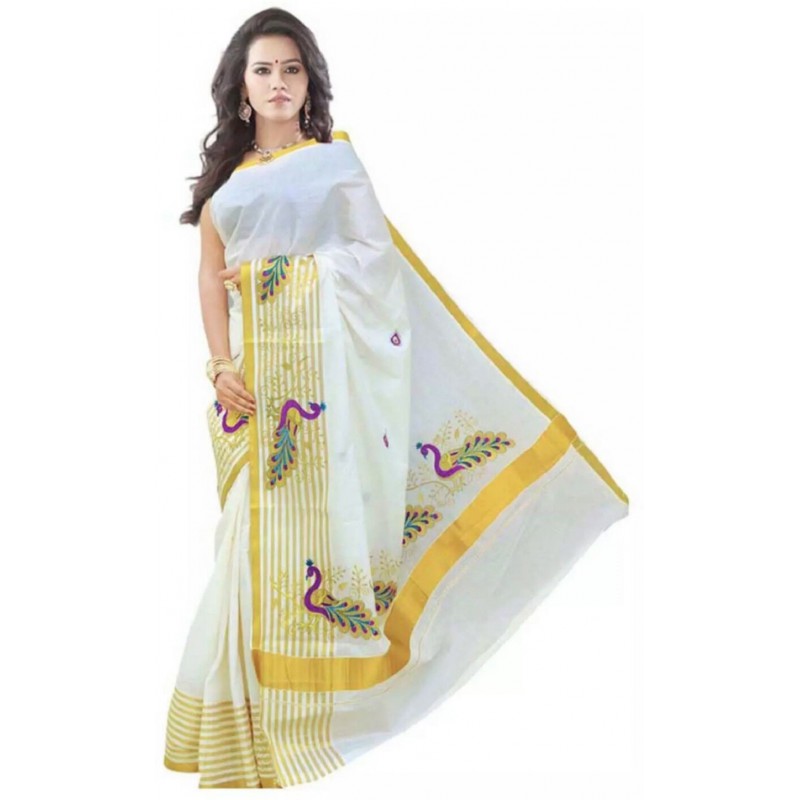 kasavu Embroidery cotton sarees (Beige,White)