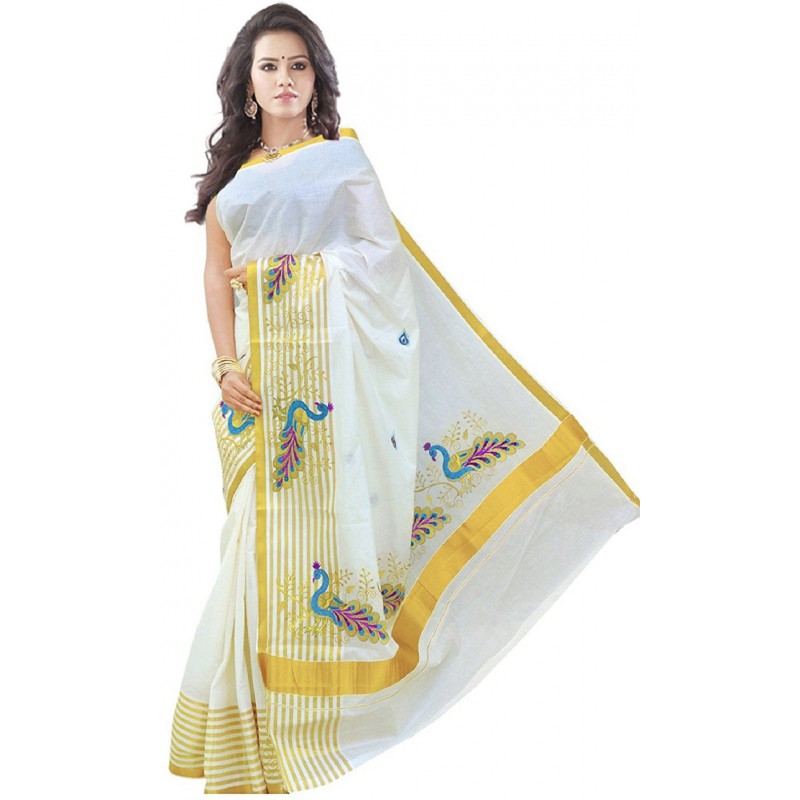 kasavu Embroidery cotton sarees (Beige,White)