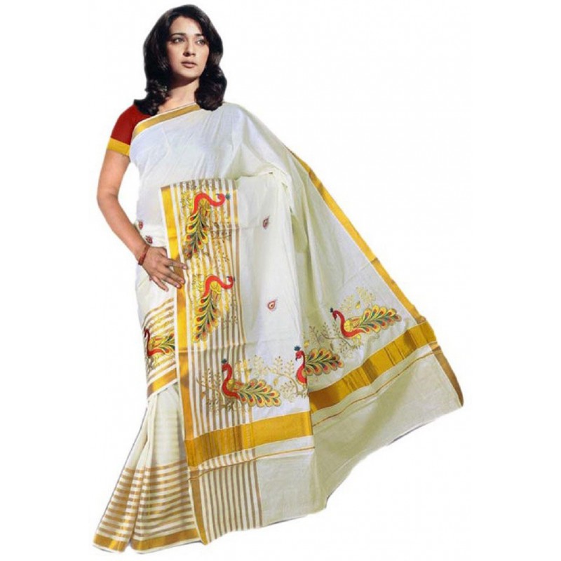 kasavu Embroidery cotton sarees (Beige,White)