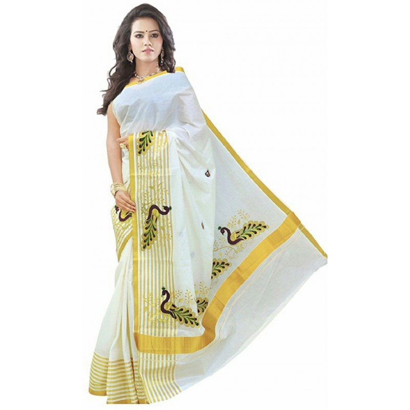 kasavu Embroidery cotton sarees (Beige,White)