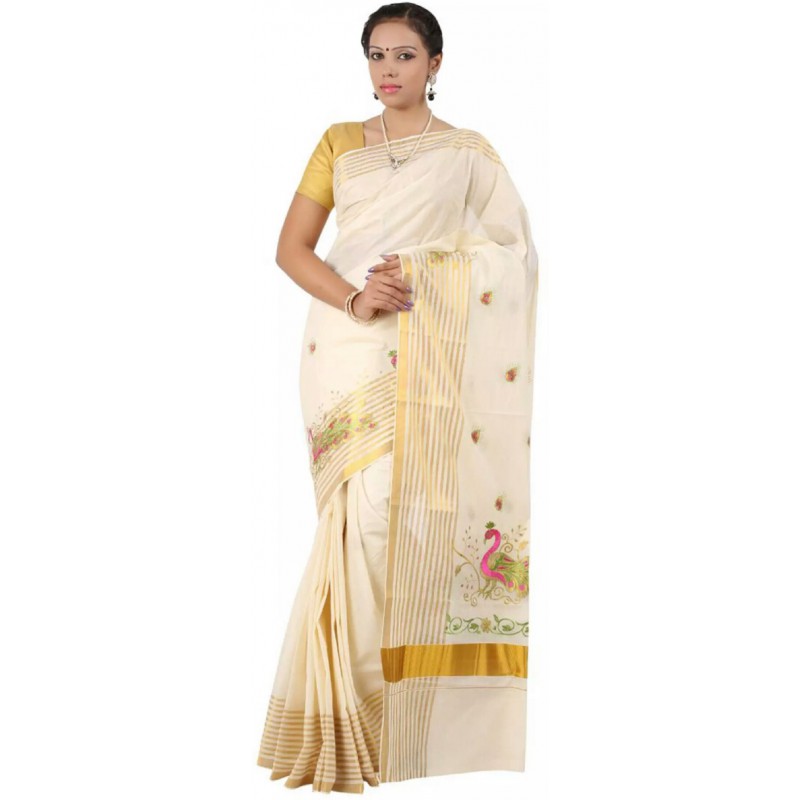 kasavu Embroidery cotton sarees (Beige,Gold,Pink)