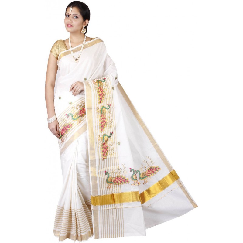 kasavu Embroidery cotton sarees(Beige,White)