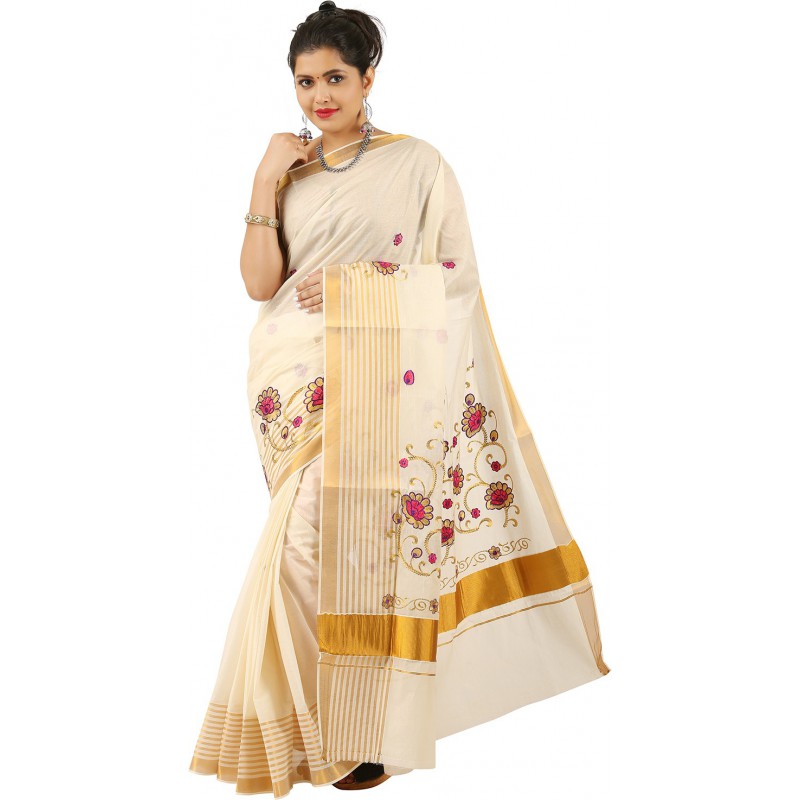 kasavu Embroidery cotton sarees(Beige,Gold)