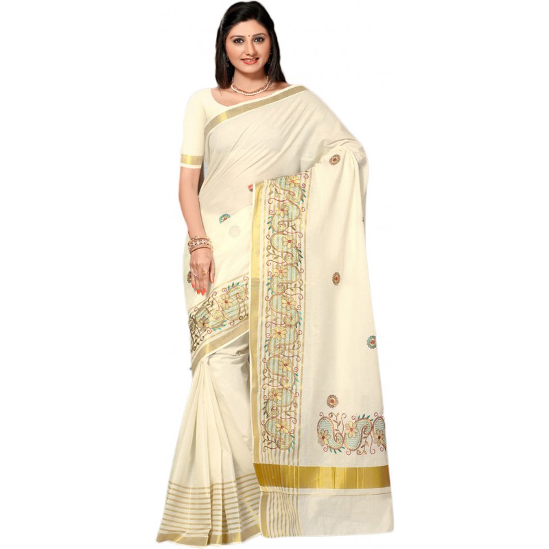 kasavu Embroidery cotton sarees(Beige)