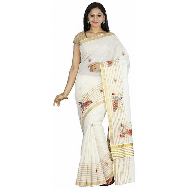 kasavu Embroidery cotton sarees(Beige,White)