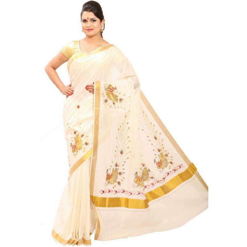 kasavu Embroidery cotton sarees (Beige,Red,Gold)